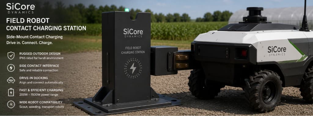 SiCore field robot contact charging station with side-mount docking interface