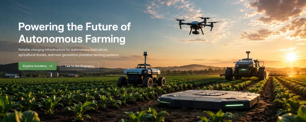 Autonomous farming field with drone, field robot, tractor, and wireless charging dock at sunset