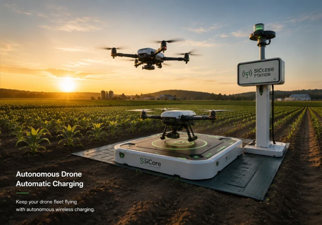 Agricultural drones charging on a SiCore wireless station in a crop field
