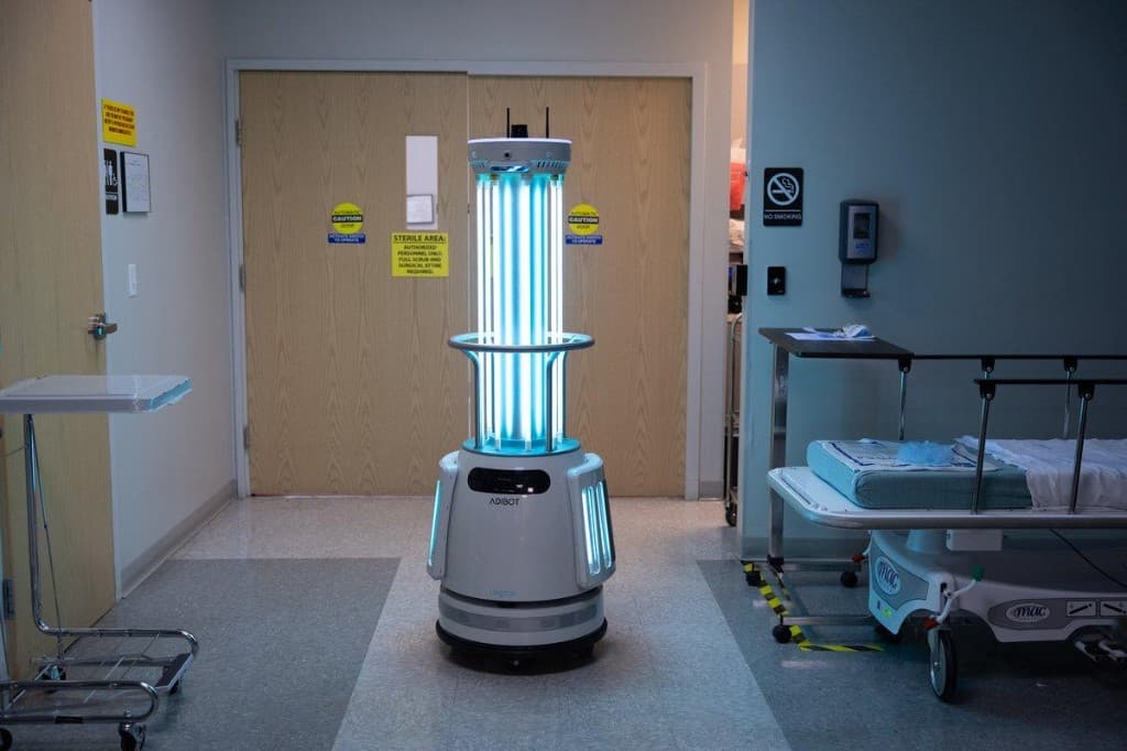 UV-C disinfection robot in a hospital hallway