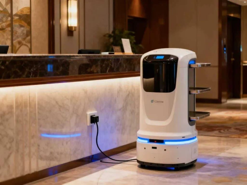 Hospitality service robot charging in a hotel lobby