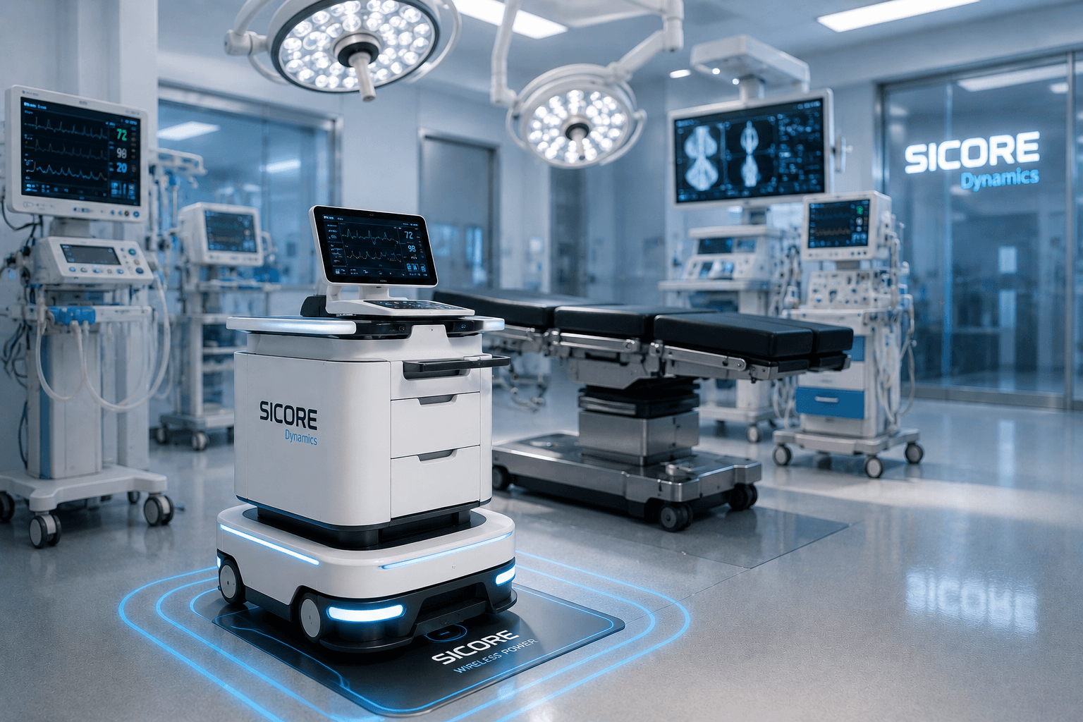 Medical workstation cart charging wirelessly on a floor pad in a clinical suite