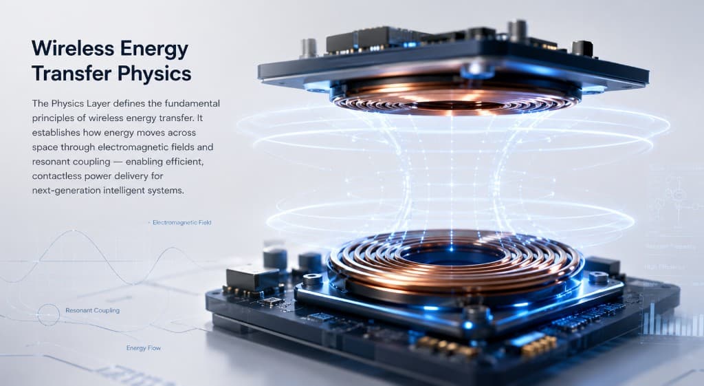 Wireless Energy Transfer Physics. The Physics Layer defines the fundamental principles of wireless energy transfer. It establishes how energy moves across space through electromagnetic fields and resonant coupling — enabling efficient, contactless power delivery for next-generation intelligent systems.