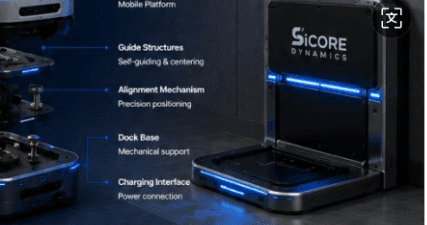 Dock mechanics exploded view with robot, guides, and charging interface