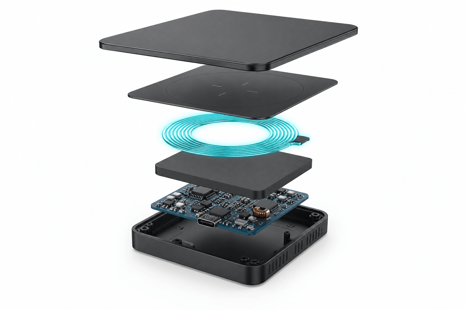 Exploded view of wireless dock layers and internal components
