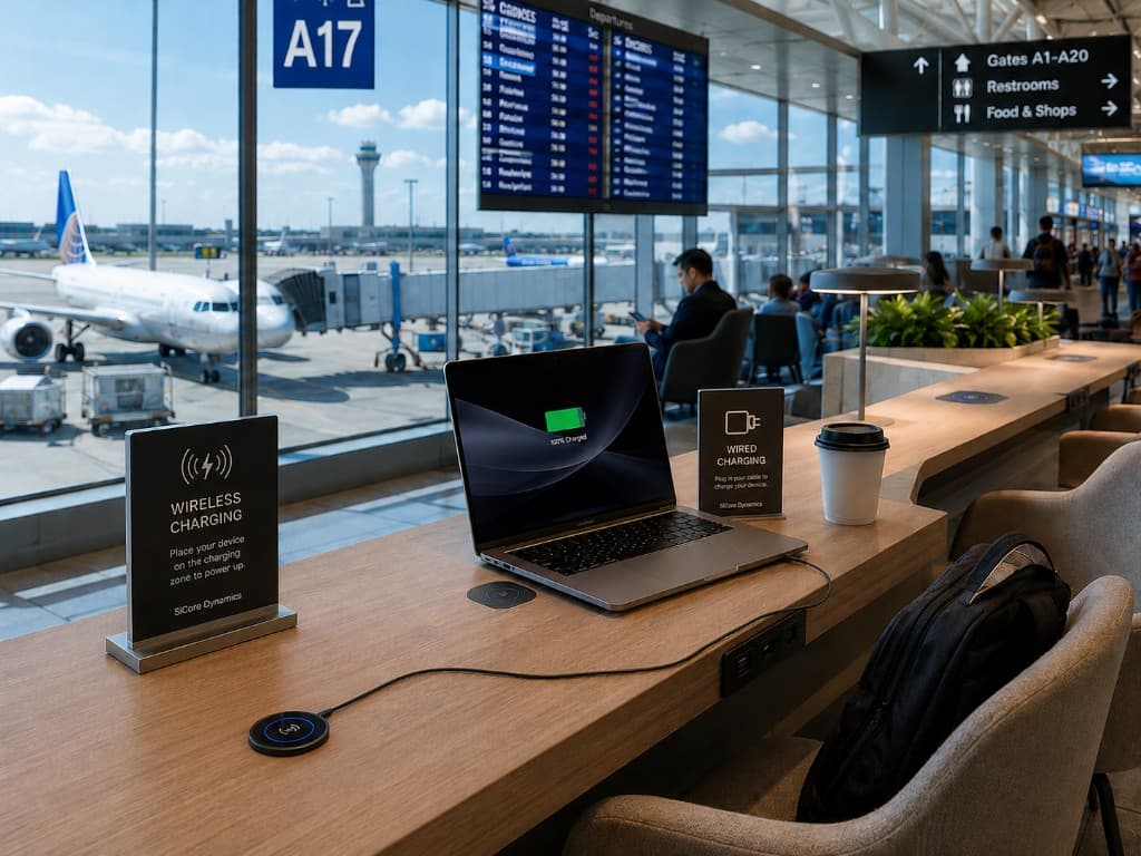 Airport lounge counter with embedded SiCore wireless charging