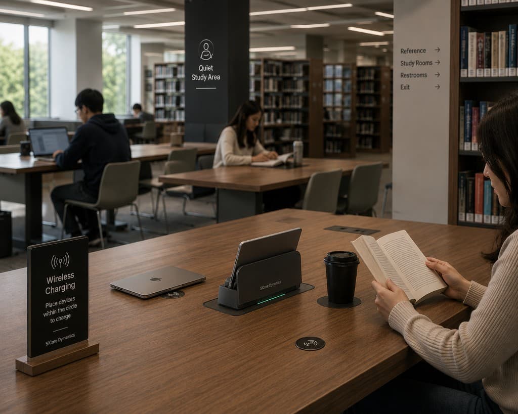 Library study tables with embedded SiCore wireless charging pads