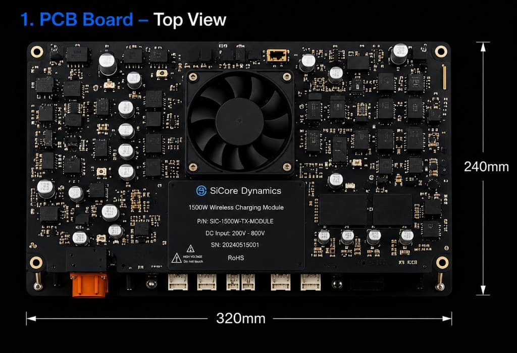 1500W wireless charging module PCB board top view, 320mm x 240mm