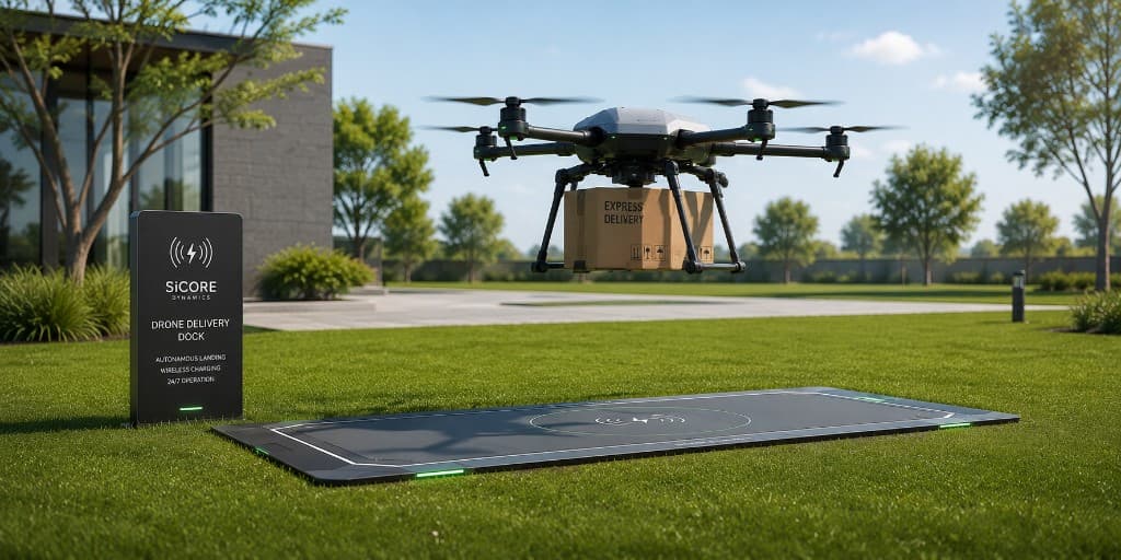Delivery drone docking on a SiCore wireless charging pad