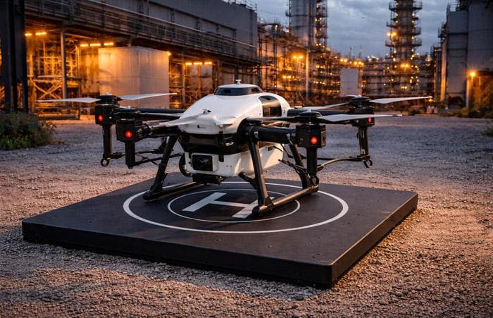Industrial inspection drone landed on a wireless charging pad